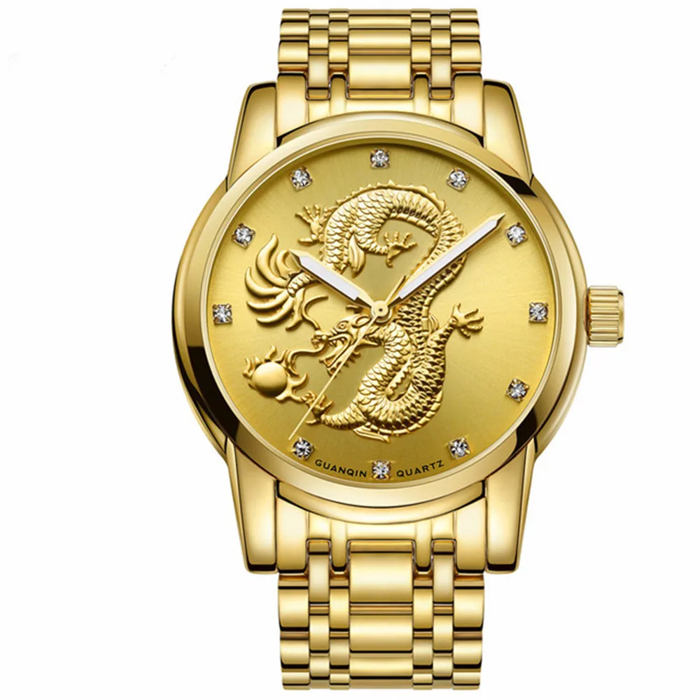 

GUANQIN New Luxury Brand Gold Dragon Sculpture Stainless Steel Quartz Watch Men Business Waterproof Wristwatch relogio masculino