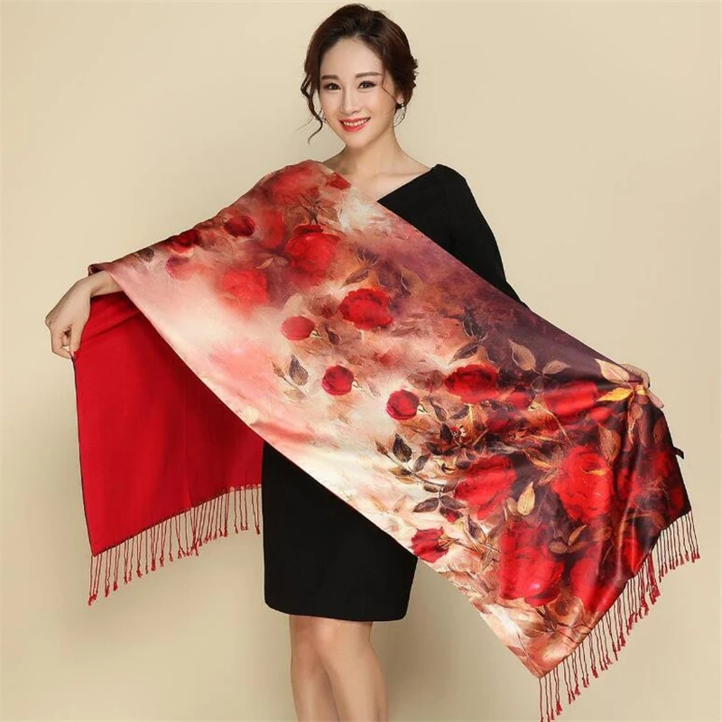 IANLAN Womens Dual Use Genuine Silk Printed Scarves Double-faced Long Wraps Tassels Shawls Ladies Winter Cloak Pashmina IL00139