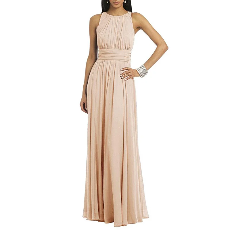 Paars Bruidsmeisje Jurken O-hals Mouwloze Floor Lengte Pleats Chiffon Bourgondië Champagne Coral Bruid Bruidsmeisje Jurken