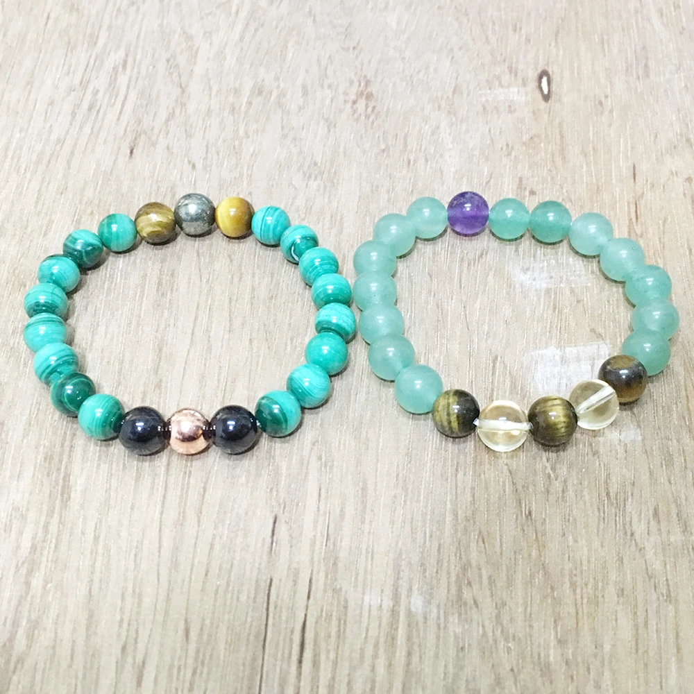 MG0450 8 mm Natural Malachite Gemstone Bracelet Set Green Aventurine Bracelet Tiger Eye Pyrite Tiger Eye Stone Energy Bracelet