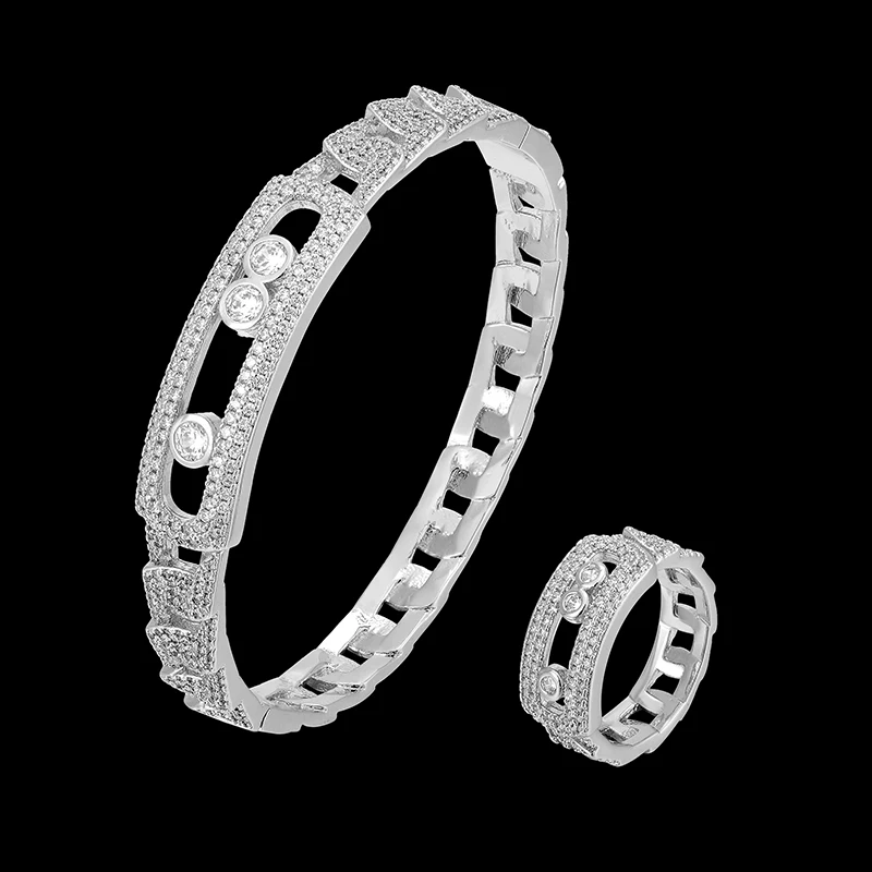 Lanruisha bangle with ring jewelry set meseaka full zircon micro pave setting chain style trendy bangle&bracelet fashion jewelry