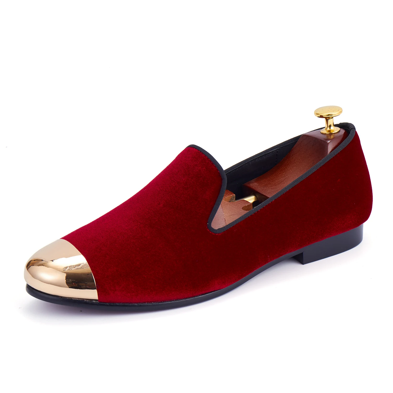 

Harpelunde Men Wedding Shoes Red Velvet Loafers With Metal Cap Toe Handmade Flat Shoes Size 6-14