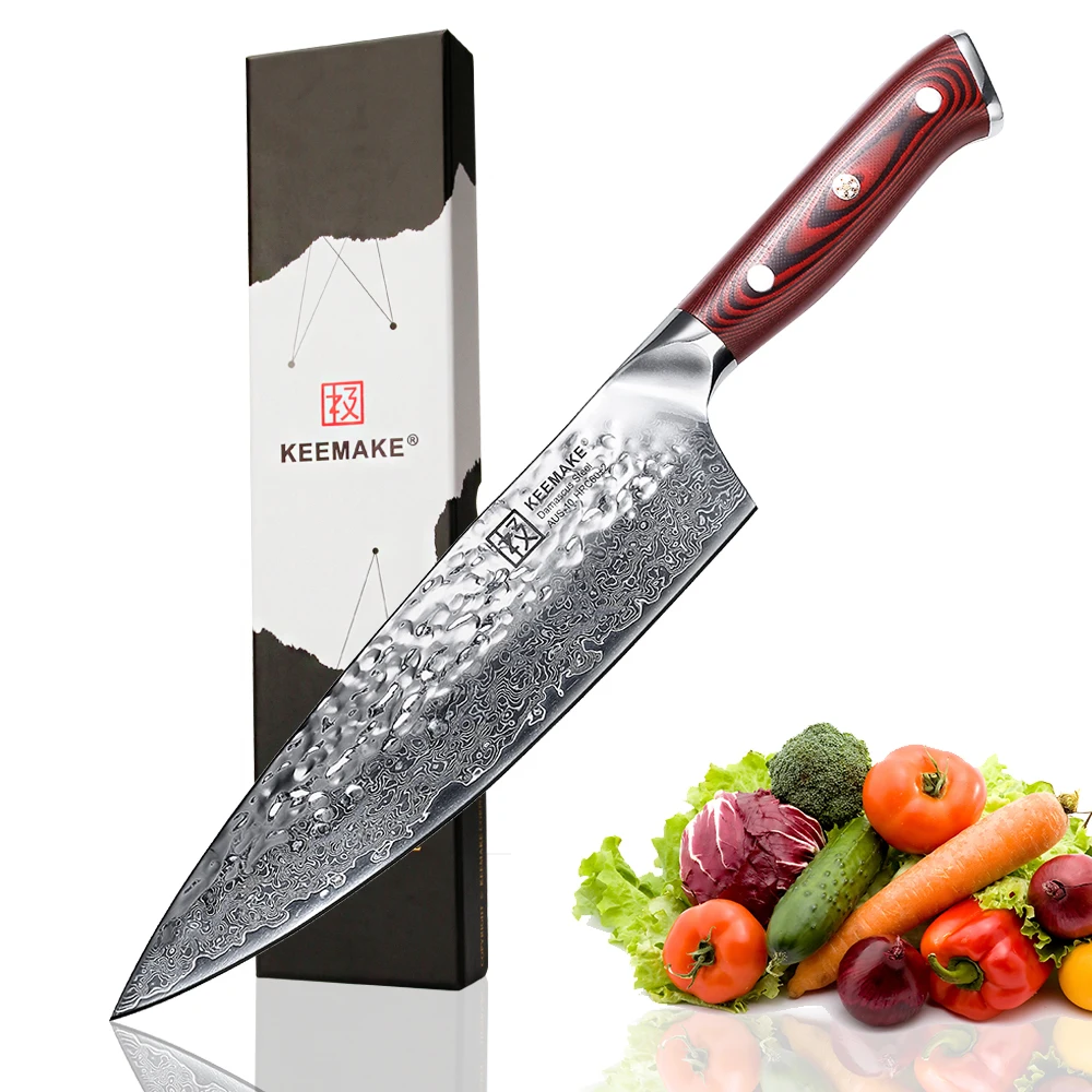 KEEMAKE 8 inch Chef Knife Hammer Damascus AUS-10 Steel Blade Chef Kitchen Knives G10 Handle Sharp Meat Vegetable Cutting Tools