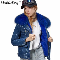 Maomaokong 2020 autunno inverno cappotto donna giacca di jeans ragazza bomber giacca in pelliccia sintetica fodera spessa cappotto in pelliccia di procione collo grande