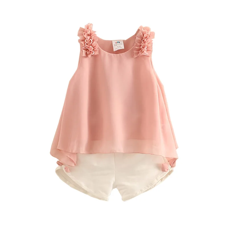 2024 Casual Cute 2 3 4 5 6 8 10 Years Solid Color Bow Flower Sleeveless T-shirt+Shorts 2 Pcs Baby Kids Girls Summer Clothing Set