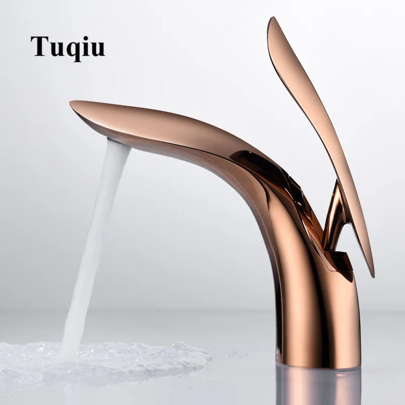 Basin Faucet Bathroom Copper Faucet Rose Gold Sink Mixer Tap Toilet Sink Hot Cold Single Handle Leaf-Shape Sink Faucet 5 Colors