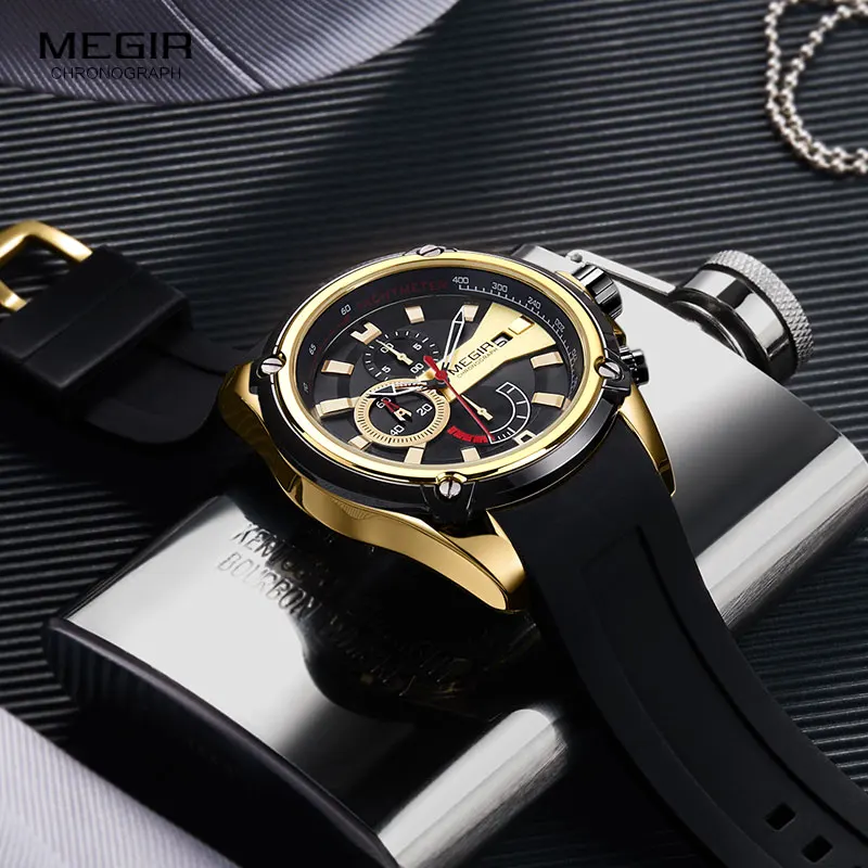 MEGIR Men\'s Quartz Watches Silicone Strap Leisure Sports Chronograph Wristwatch for Man Clock Relogios Masculino 2086 Gold Black