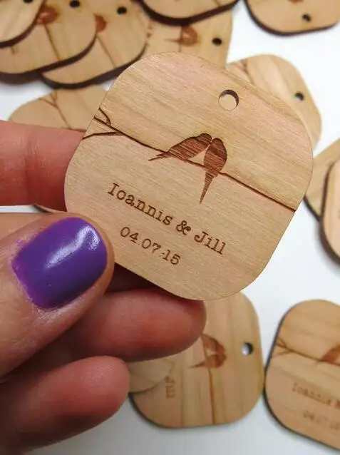 personalized 1.5 x 1.5 Birds Kissing Rustic Wedding Wood gift Favor tags Labels invitations party bridal shower decor