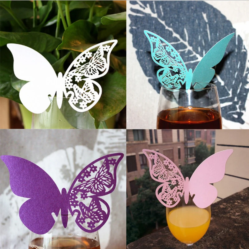 

50Pcs/Lot Wine Glass Paper Butterfly Cut-out Place Escort Cards for Wedding Party Home Decorations Pink Purple White Blue