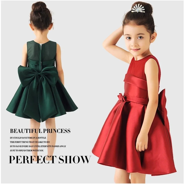 2016 Baby Girl Green/White/Red Satin Princess Dress with Big Bow Kids Wedding Dress Infants Bridesmaid Clothes Summer Vestidos