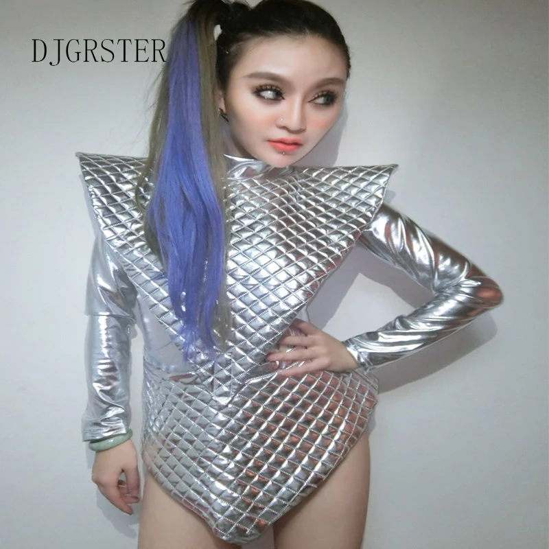 DJGRSTER female space costumes bodysuit singer sets DJ dance costumes DS costume reflective silver shiny piece suit clothing