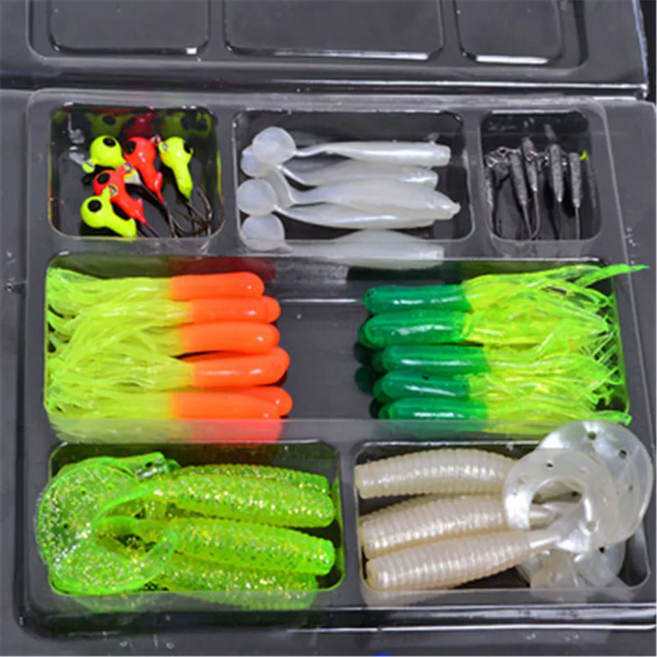 Clearance 70pcs Soft bait lures soft bait worm Lead head hook plastic packaging designed FISHING LURE SETS