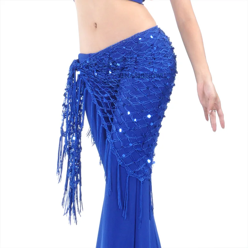 Belly Dance Practiceเสื้อผ้าอุปกรณ์เสริมยืดยาวพู่สามเหลี่ยมเข็มขัดถักมือBelly Danceสะโพกผ้าพันคอเลื่อม12สี