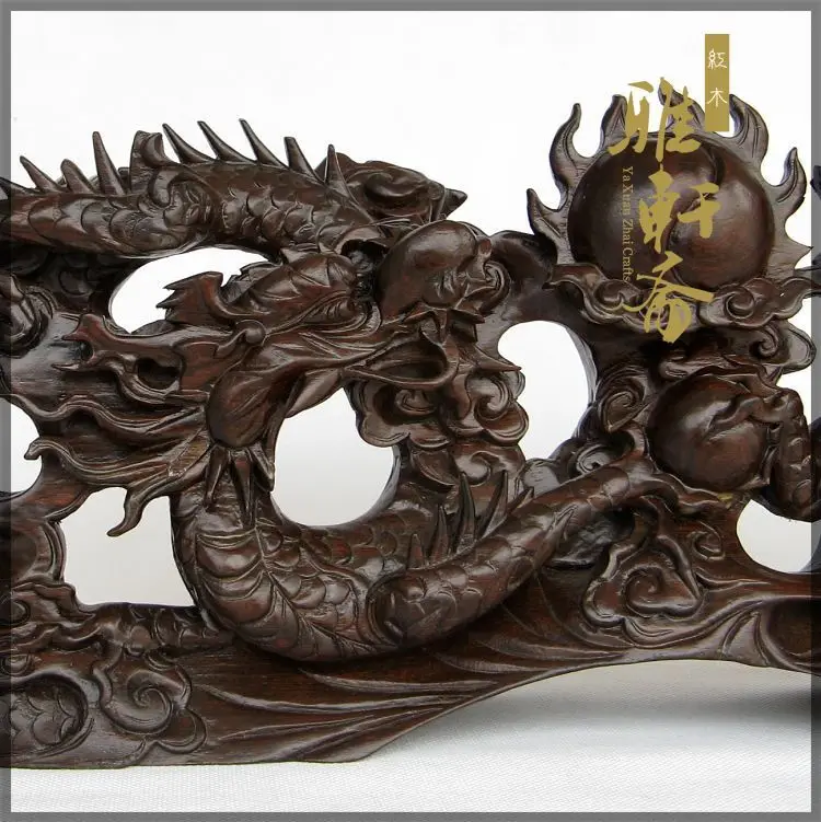 V Dragon carving crafts mahogany wood Long Shuanglong pearl Zodiac feng shui ornaments Home Furnishing decorative gift