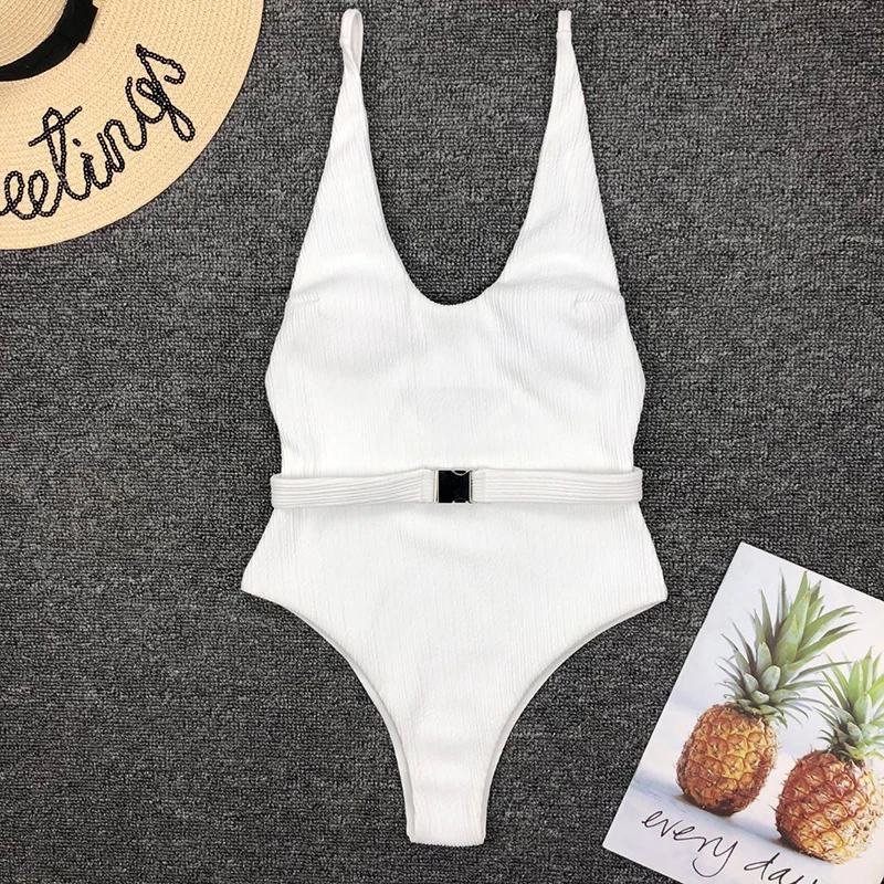 Belt One Piece Swimsuit Women White Red Black Orange Beige Yellow Swimwear Mujer 2023 Sexy High Leg Monokini Push up Bating suit