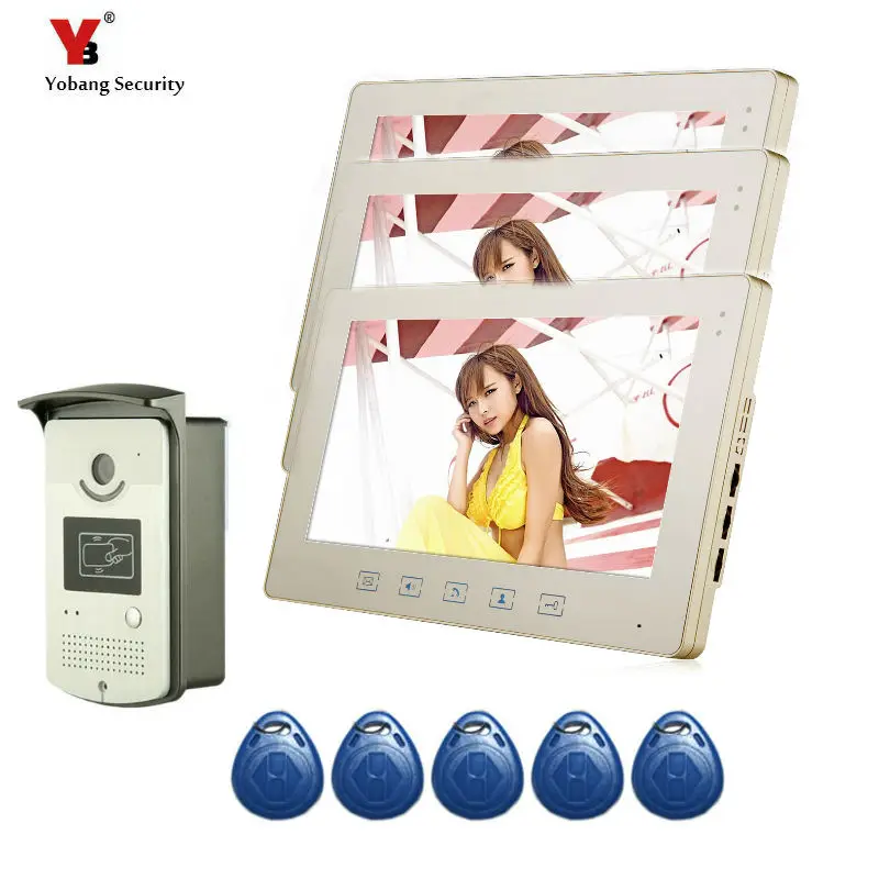 Yobang Security 10 Inch Intercom System Video Door Phone Night Vision Doorbell Camera Mounted Door Intercom Three Monitor kit