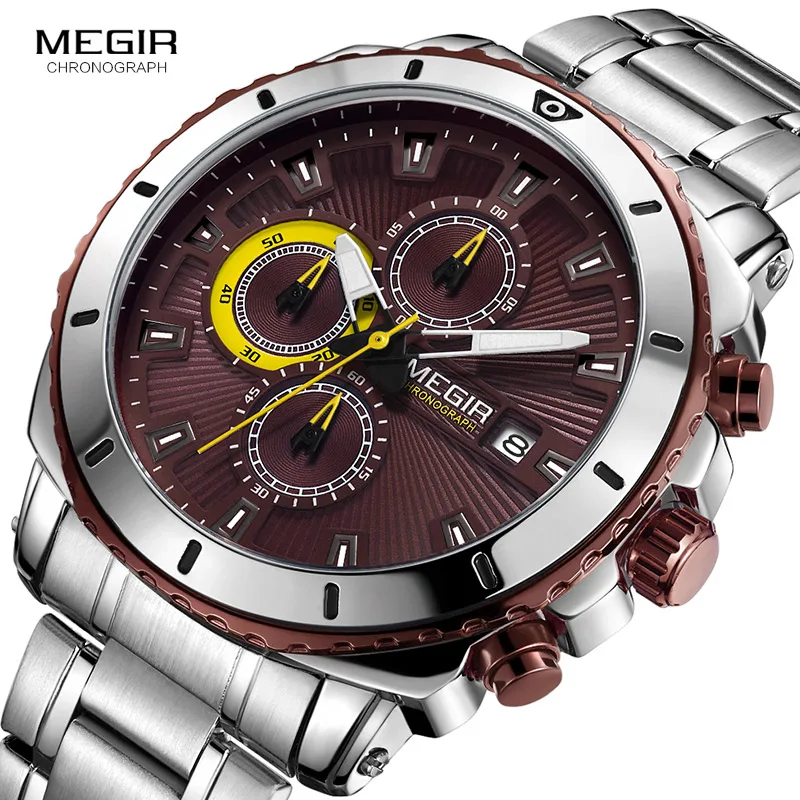 MEGIR Men\'s Formal Dress Quartz Watches Stainless Steel Strap Chronograph Wristwatch for Man Blue Dial Luminous Hands 2075G-10