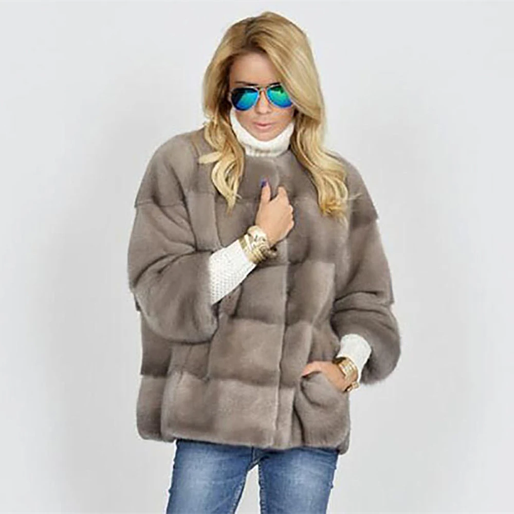 

TOPFUR Winter Real Mink Fur Coat Women Natural Mink Fur Thick Warm O-Neck Three Quarter Sleeves Standard Regular Coat Women