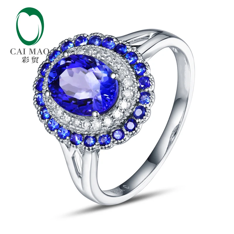 

6x8mm Oval Cut 1.15ct Natural Tanzanite & Diamonds 14K White Gold Classic Milgrain Ring