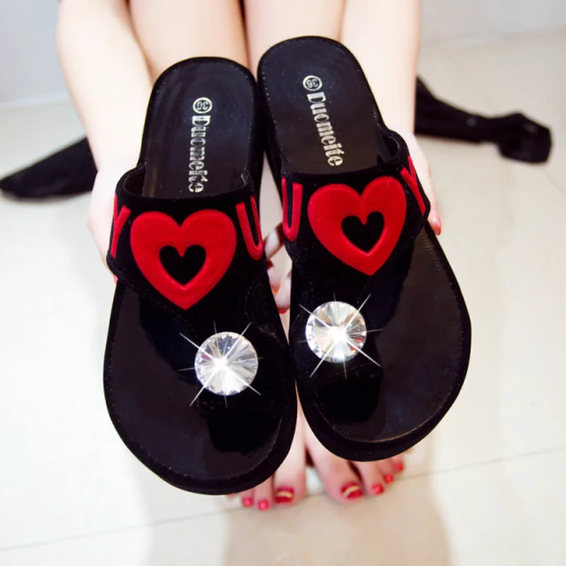 Summer Woman's Slippers Platform Female Crystal Decoration Heart-shaped Flip Flops Casual Wedges Slippers for Ladies