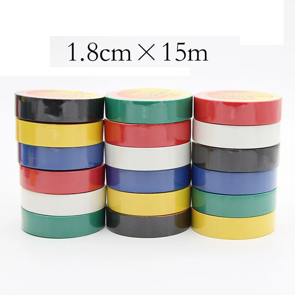 10pcs 18mm 15M Electrical Tape Waterproof Flame Retardant PVC Insulation Electrical Tape white/black/yellow/blue/green/red Z9