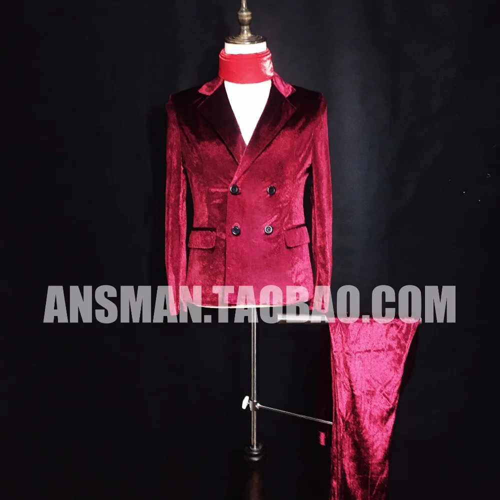 

New Fashion Man Stars Wine Red Velvet Double-breasted Slim Suit Costumes suit Nightclubs Male singer DJ Stage dress wear