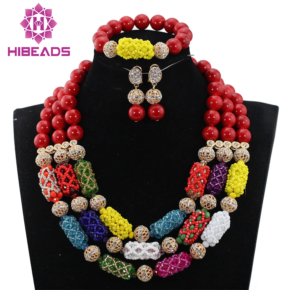 

Red African Beads Jewelry Set Multicolor Crystal Beaded Chunky Statement Necklace Set Valentines Day Gift Free Shipping ABH309