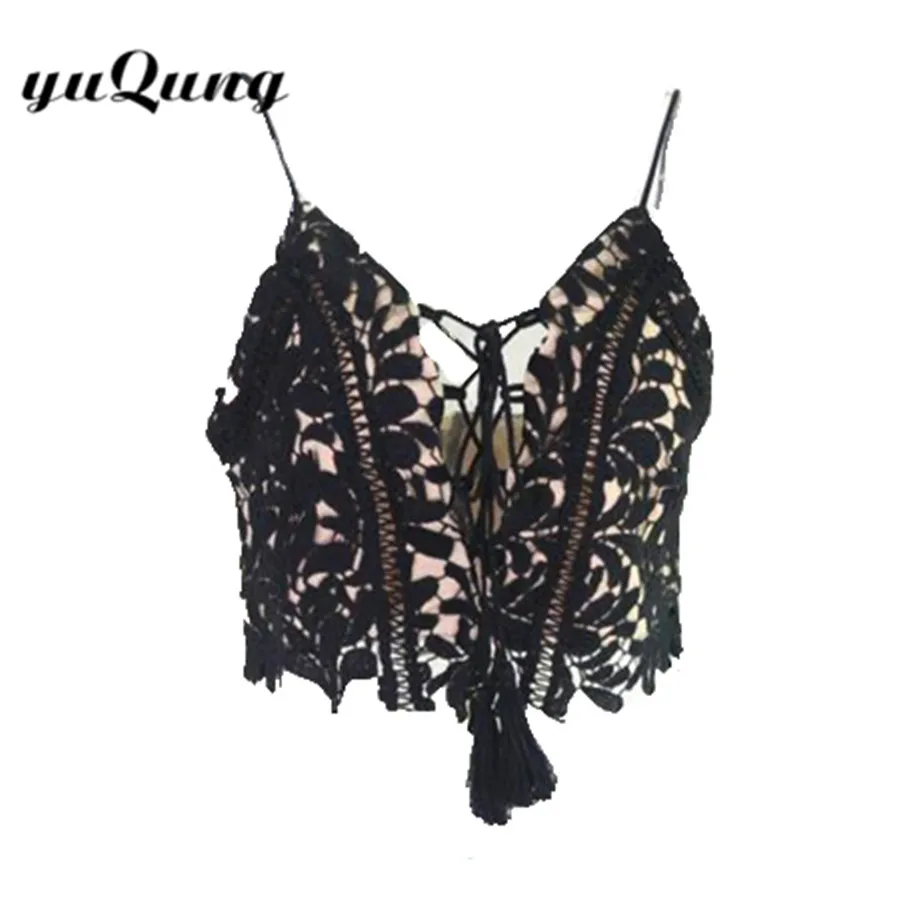 

yuqung ladies hollow lace crop top tassel lace up short shirt tops Sexy party camis women tank Camisole Bralette Bra Bustier J59