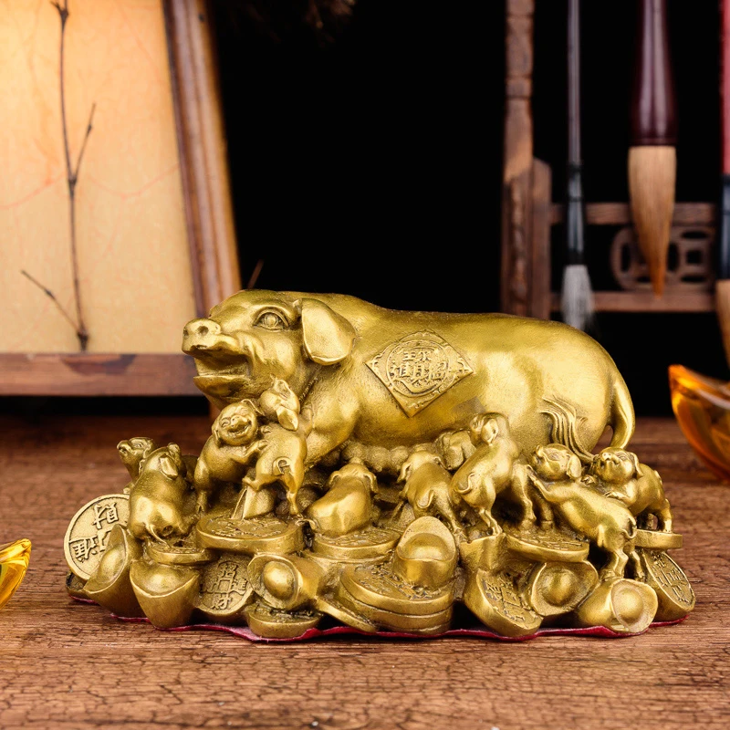 

Feng Shui Handmade Chinese Attracting Wealth Pig with little pigs Statue Decoration Gift Brass Finish Pig Collectible Figurines