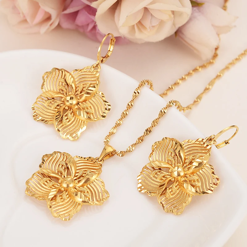 Ethiopian Beautiful Gold Color Big Flower Jewelry Set for Women Pendant Chain Earrings African Bride Wedding Bijoux Gift