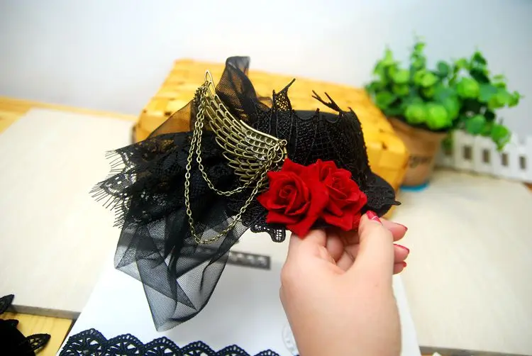 Women's Handmade Flower Rose Lace Veil Hat Wedding Mini Top Hats with Chains Wing Fascinators Steampunk Hair Clip Accessory