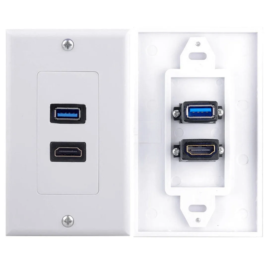 SHGO-1x 2Port HDMI+USB 3.0 Female Wall Face Plate Panel Outlet Socket Extender White