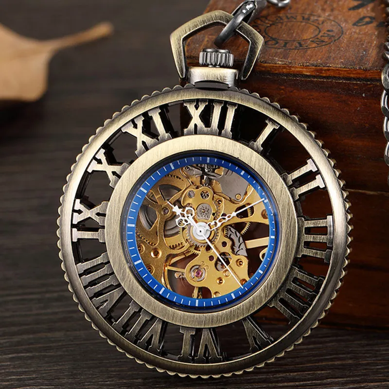 Steampunk Zwart Skelet Grote Romeinse Cijfers Vintage Mechanisch Zakhorloge Mannen Hand Wind Holle Hanger Horloge Ketting Cadeau