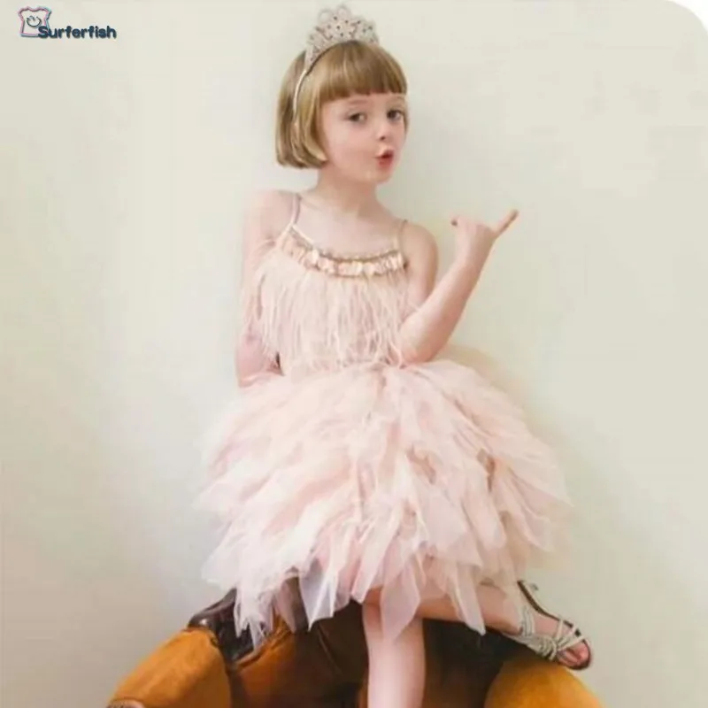 Spring summer new Feathers custom baby Wear Princess Princess Clothing ins Strap Rhineston Party Valentine' s Day Dress