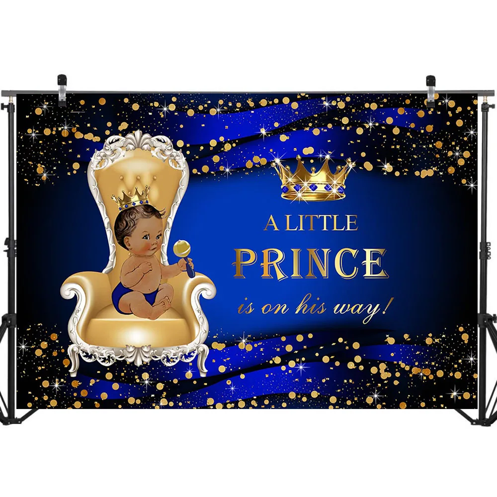  Prince Baby Shower Backdrop Royal Blue Gold King Chair Crown Photo Background Glitter Dots Ethnic Baby BoyBackdrops