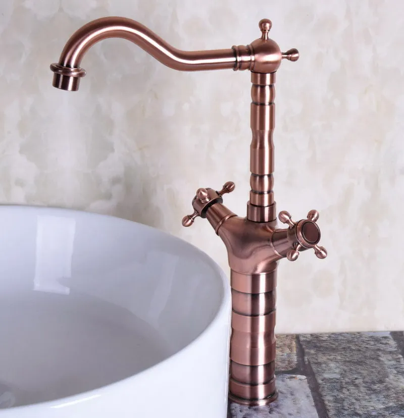 Antique Red Copper Brass Dual Cross Handles Bathroom Kitchen Basin Sink Faucet Mixer Tap Swivel Spout Deck Mounted mnf127