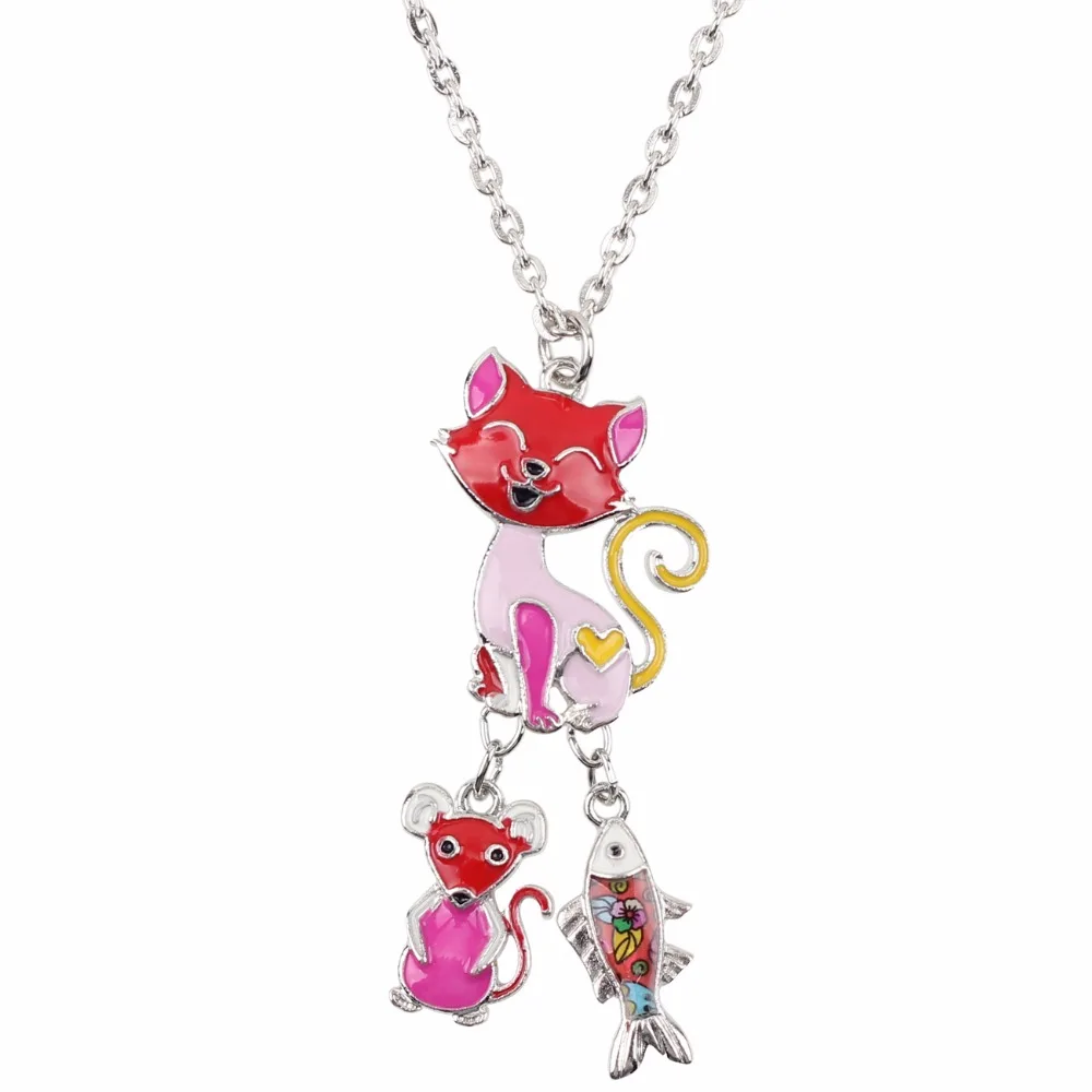 Bonsny Statement Chain Enamel CAT Mouse Fish Cartoon Necklace Pendant Fairy Tale Fashion Jewelry For Women Girl Kids Gift Charms