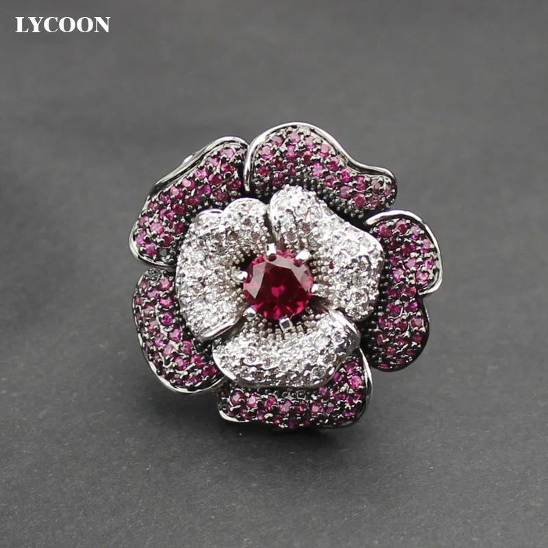 LYCOON Woman\'s luxury brand Flower Zircon Ring Hight quality silver plated purple Austrian  Cubic Zirconia rings Suit party