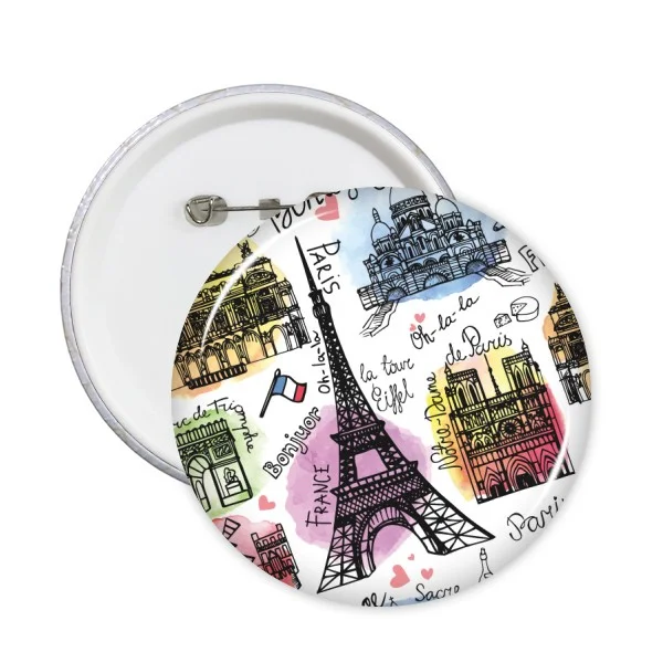 5pcs Class Building France Mark Landmark National Flag Architecture Custom Landscape Illustration Pattern Round Pin Badge Button