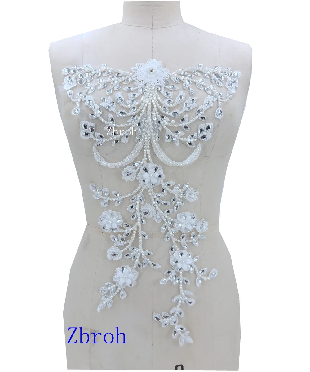 Ivory white lace applique with silver beads peal rhinestones  patches 48*26cm for wedding dress accessory