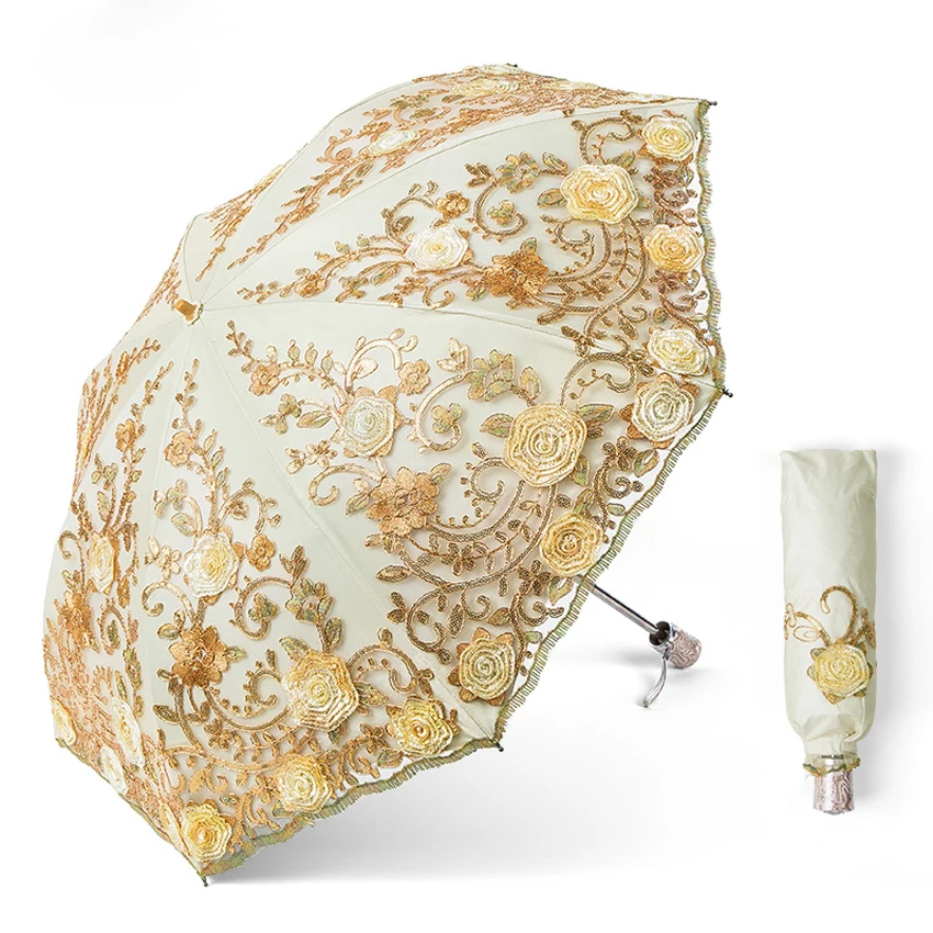 Dual-Folding Lace Parasol, Windproof Umbrella, Anti-UV, Sun and Rain Umbrella, Embroidery Umbrella, Wedding Umbrella, New