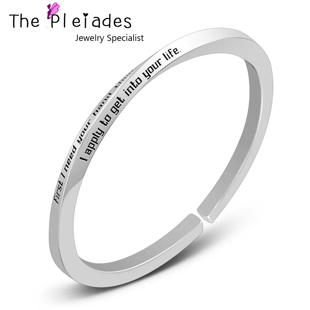 

Custom 929 Solid Silver Cuff Bangle Engraved Words name sentence Twisted Band 4 Side Engraving Bangle for women Men Gifts