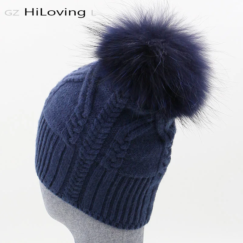 2016 New Style Winter Hats For Women Fashion 100% Wool & Fur Pom Pom Beanies Hats Navy Blue Fur Pompoms Sweater Twisting Hats