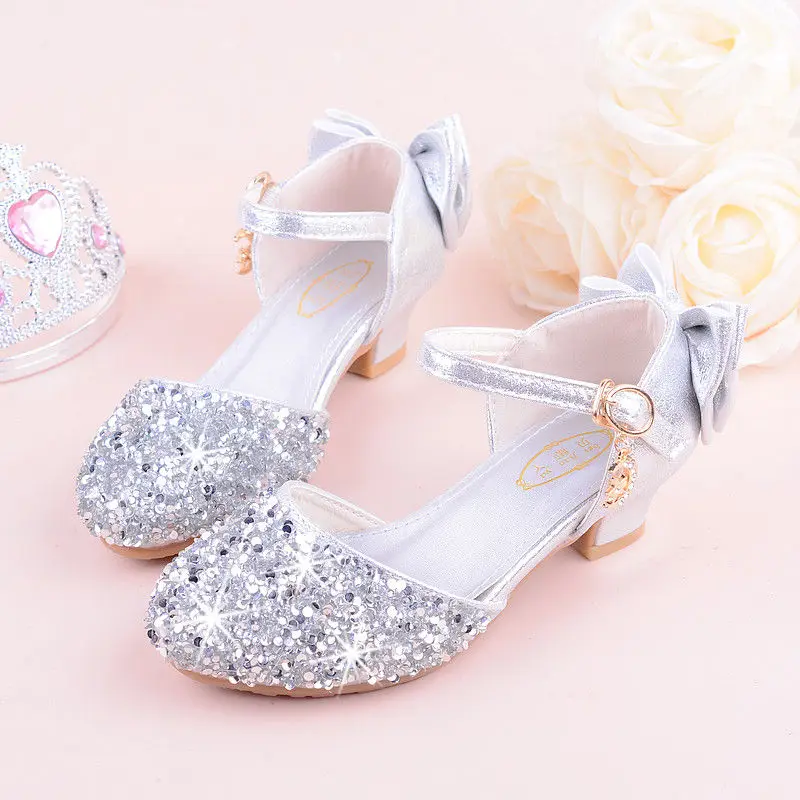 Girls Sandals Summer Kids Shoes 2025 Girls Princess Shoes With High Heels Silver Leather Rhinestone For Dance Wedding 2 colour