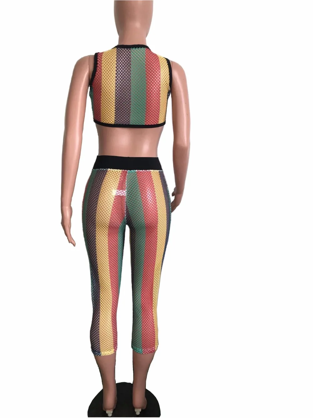 BKLD 2024 Summer Beach Sheer Mesh Two Piece Set Women Sexy Colorful Striped Sleeveless Crop Tops And Pants Sets Bodycon Clubwear