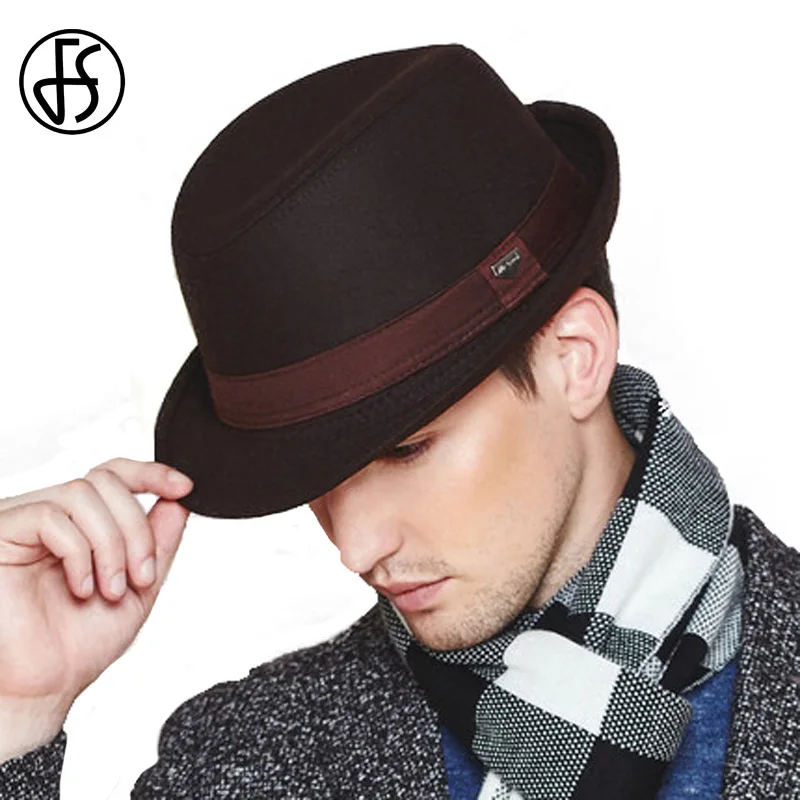 FS Vintage Men Wide Brim Wool Felt Fedora Hats For Black Jazz Trilby Panama Hat Gentleman Gangster Caps Fedora Chapeau Homme