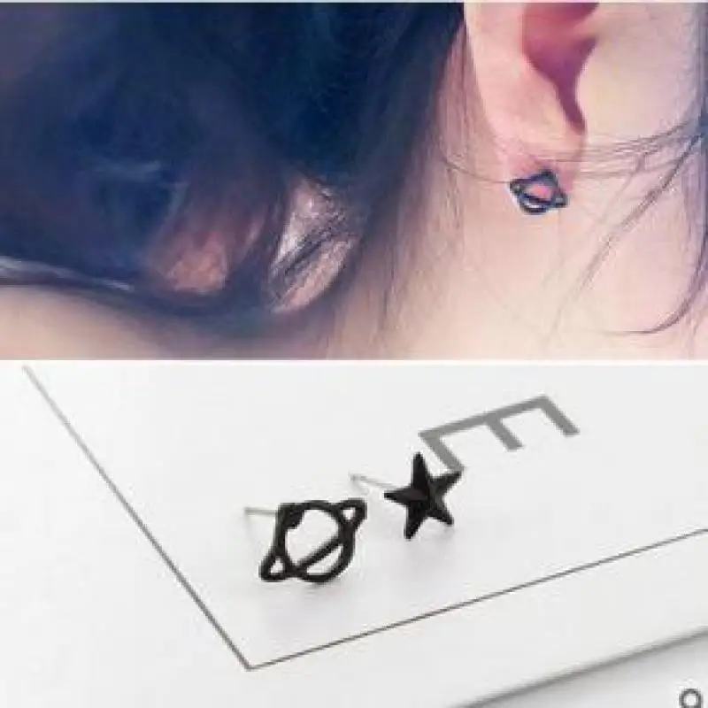 Wholesale Sale New Black Jewelry Earrings / Saturn Hollow Stud Studs For Women Set Lovely Retro Space Perforated Fashion