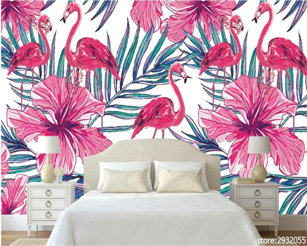 

beibehang Modern minimalist high wallpaper Nordic hand-painted Flamingo palm leaf bedroom living room wall papel de parede