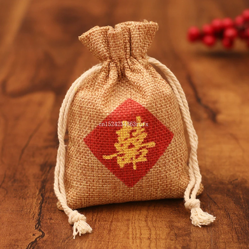 50pcs Burlap Candy Gift Bag Favor Bag Chinese Words 