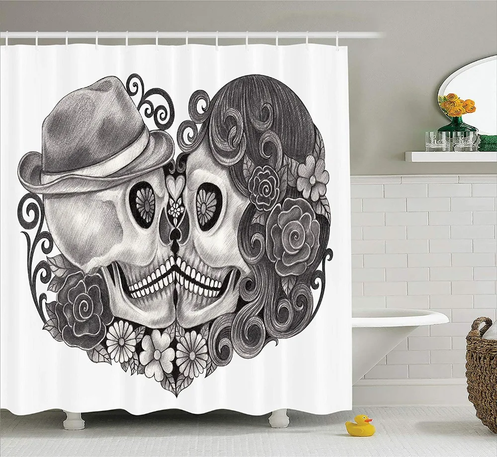 Hot Novelty Gothic Skull Couple Bathroom Curtain Art Floral Skull Love Shower Curtain Mexico Culture Decor All Saints Day Gifts